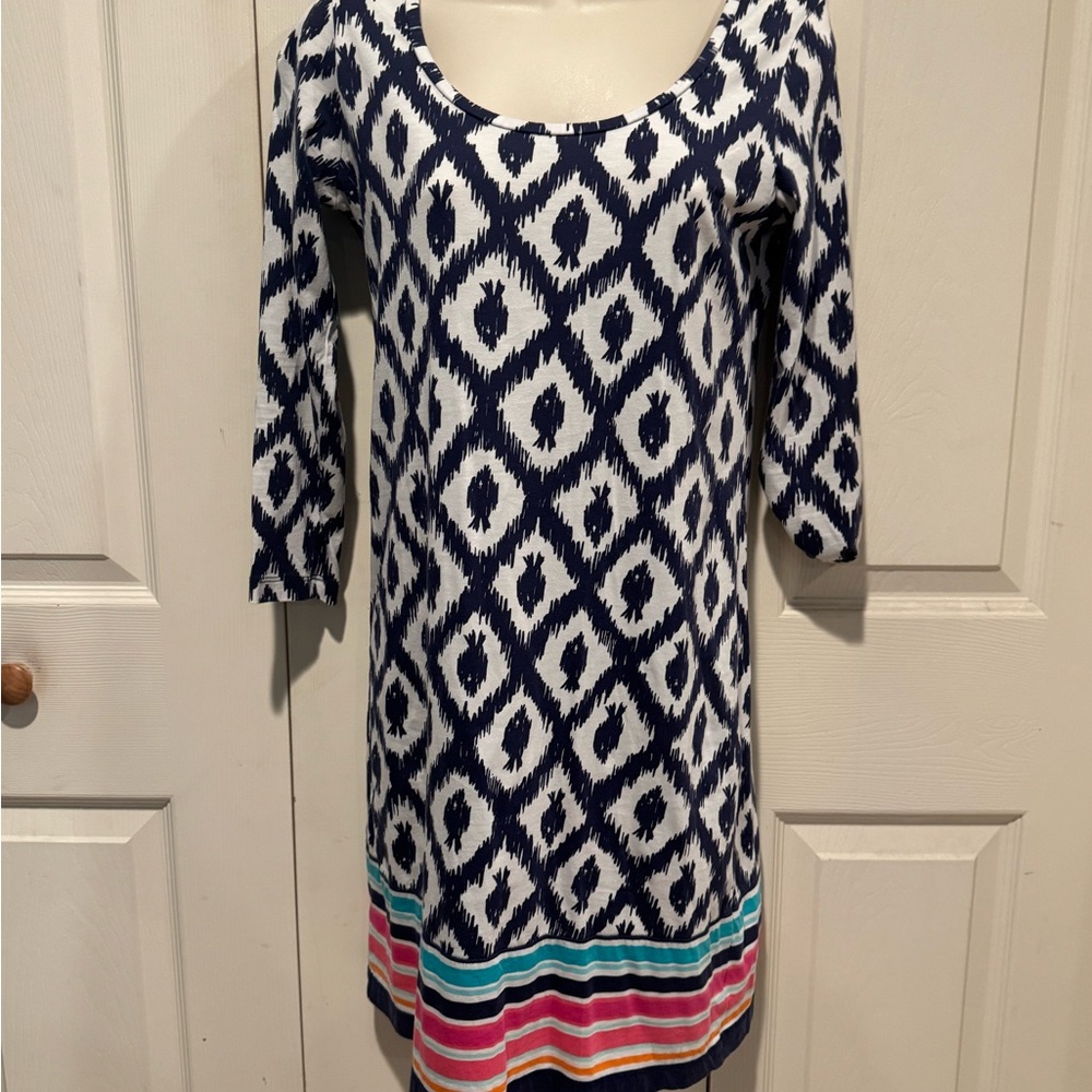Lilly Pulitzer Navy and White Patterned Dress with Striped Hem